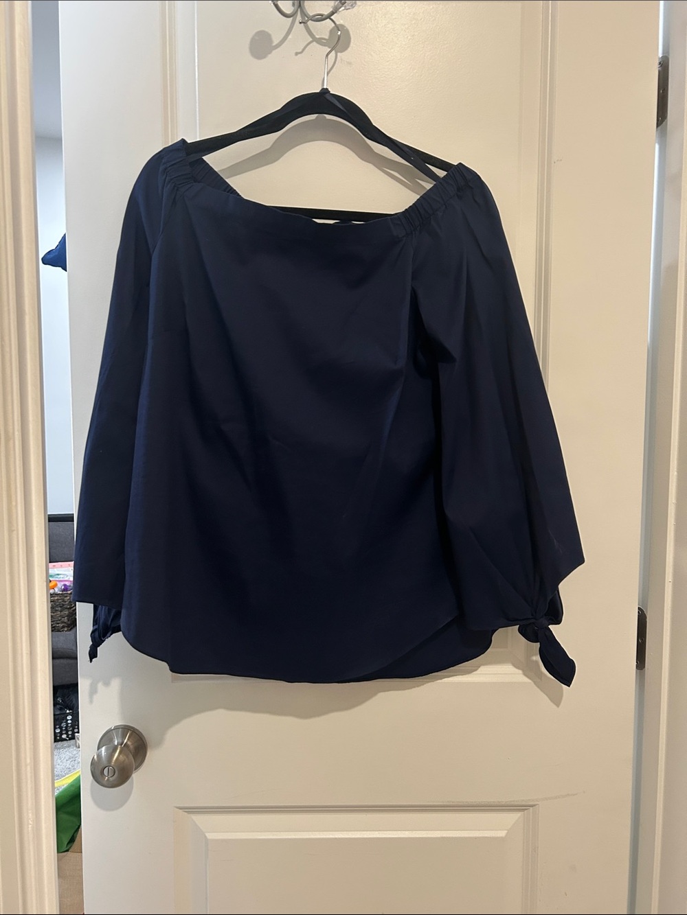 White House Black Market Navy Off-Shoulder Blouse with Tie Sleeves